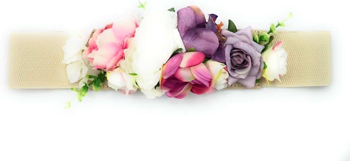 Bloemenriem voor feestjurken vrouwen, elastische riem met kunstbloemen, lint, beige, orchidee, paars, hasta talla 40