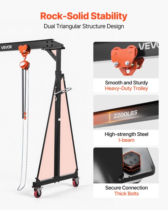 Detail van de portaalkraan: oranje trolley, 2200 lbs capaciteit I-balk, dikke bouten voor veilige verbinding.