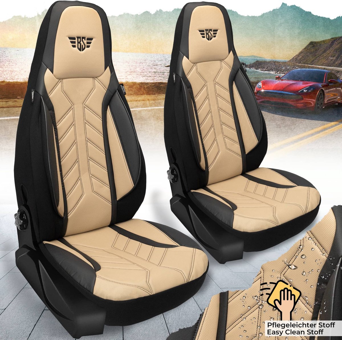 Autostoelhoezen voor Dodge Journey Bj 2008-20 – Stoelhoezen voor bestuurder en passagier in Zwart/Beige