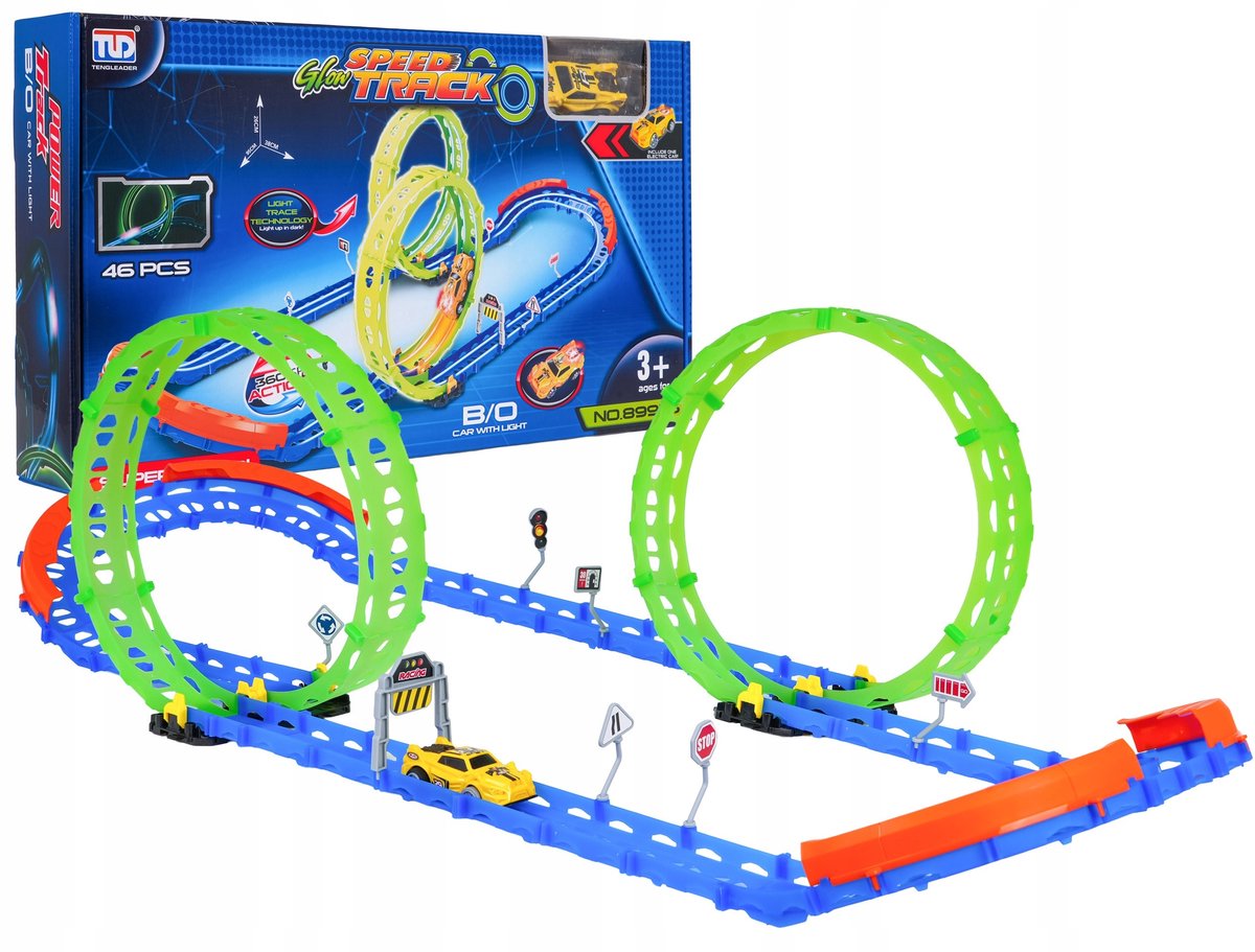 Glow-in-the-dark-racebaan 46el. met auto- en verkeersborden