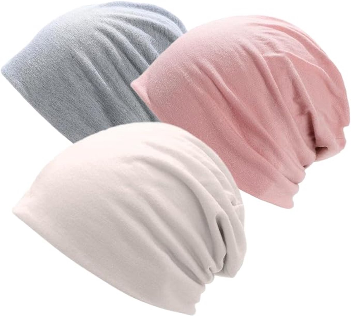KZQ Ademende Katoenen Damesmuts Set Van 3 – Dunne Slaapmuts Voor Yoga, Slapen En Dagelijks Gebruik – Ook Geschikt Als Chemo Hoofdbedekking – Roze, Beige En Grijs
