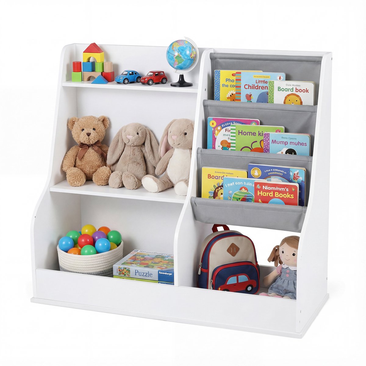 COSTWAY Boekenplank Kinderen, Kinderplank met 2 Vakken, 2 Legplanken & 3 Stoffen Vakken, Speelgoedplank, Speelgoedorganizer voor Kinderkamer, Speelkamer, 89 x 35,5 x 80 cm