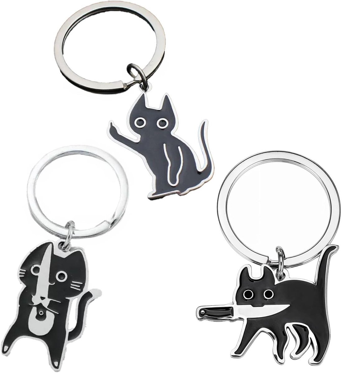 Set van 3 grappige kattensleutelhangers, zwart, schattige sleutelhanger kat met mes voor Halloween, grappige kattensleutelhanger voor kattenliefhebbers, cartoon Kitty sleutelhanger, schattige
