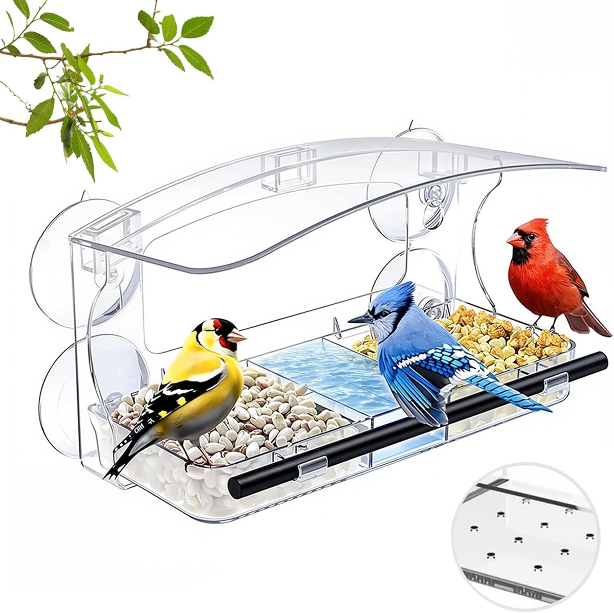 Vogelvoederdispenser voor ramen, transparant vogelhuis, vensterglas, 25 x 13 x 14 cm, voederhuis met zuignappen en zitstang, 3 vakken, afneembare voerdispenser