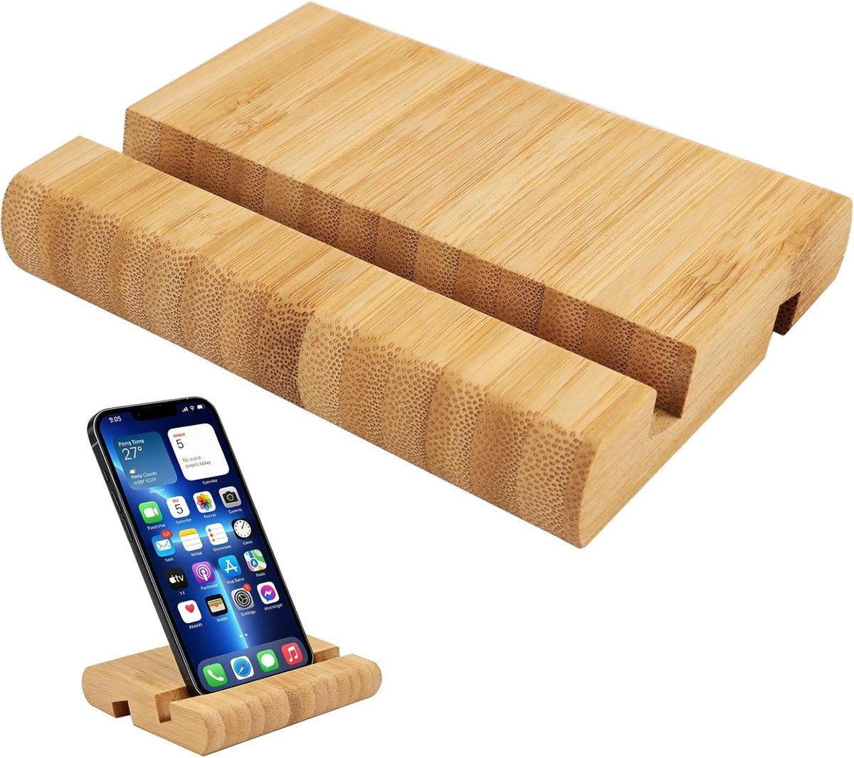 Telefoon- en tablethouder van bamboe, bureauhouder met twee kantelhoeken, universele houder voor smartphones en tablets