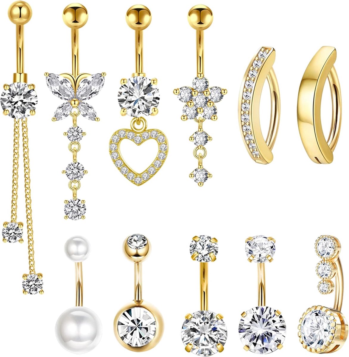 11 Navelpiercings, Navelpiercing, Navelpiercing Ring, Lichaamspiercing Sieraden Barbells, Hart, Vlinder, Navelring, Piercing Sieraden, Piercing Navel Sieraad Voor Vrouwen, Goud