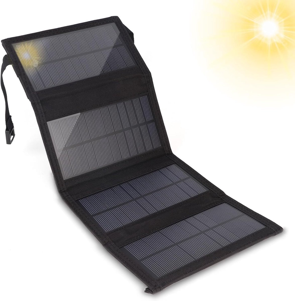 45W draagbare zonne-oplader voor telefoon, opvouwbaar, waterdicht IP65, USB-A, uitgevouwen panelen (610x192 mm) voor laptop (20W)