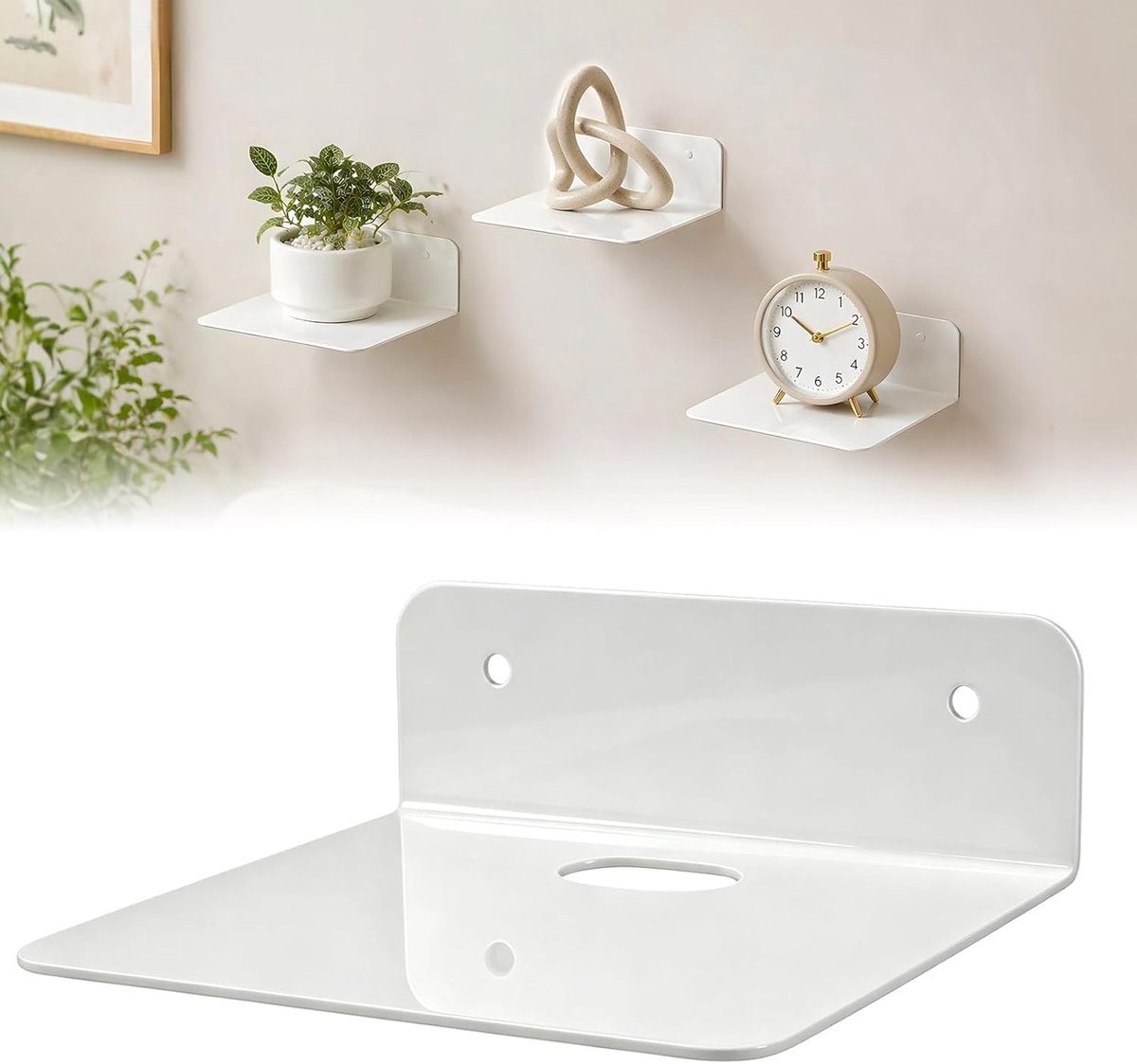 Zwevende planken, woonkamer, keuken, kleine wandplankset, metalen wandrek zonder boren, witte wandrek, wandplanken zonder boren