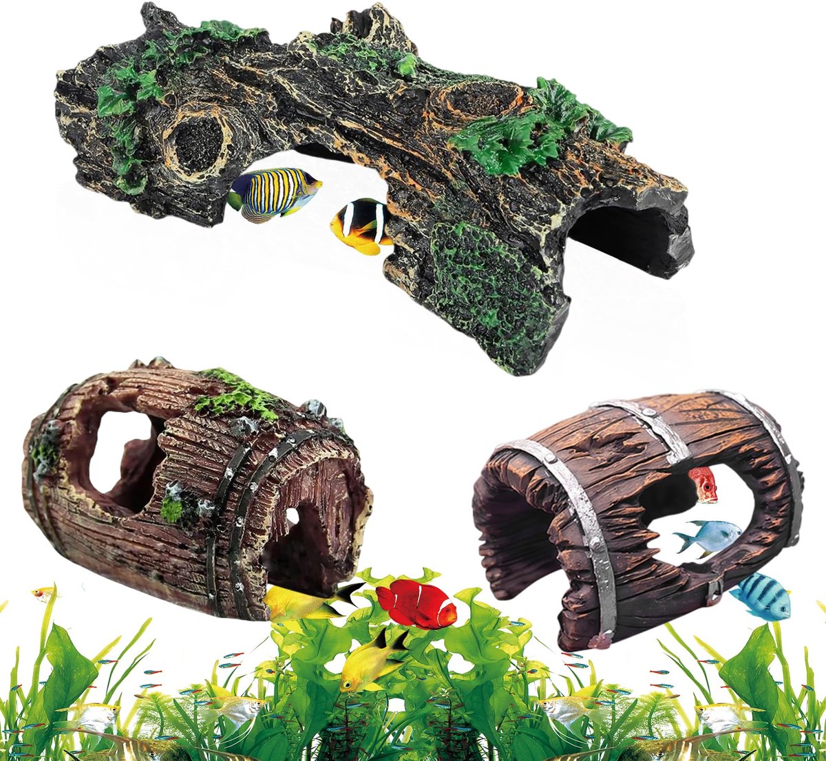 aquariumdecoratie boomstam met mos - 3 stuks - unieke uitstraling - ideaal voor garnalen en vechtvissen - SnelShoppen