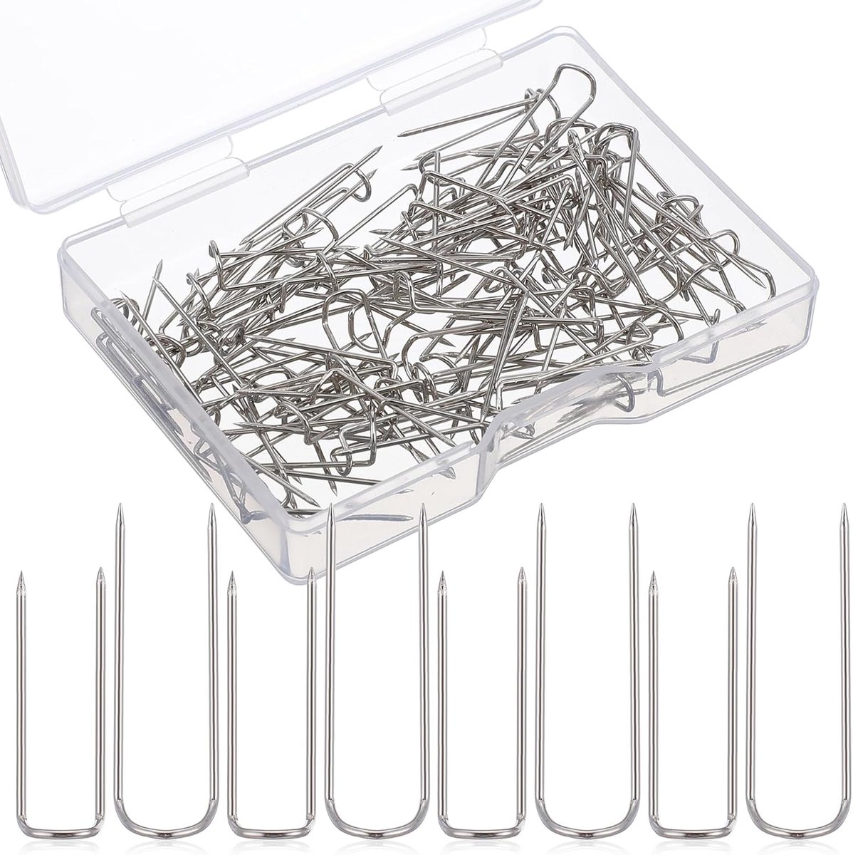 200-delige U-vormige naaispelden, 17 cm en 23 cm, met doos, roestvrijstalen naainaalden, multifunctionele spelden voor naaien, sieraden maken en knutselen (17 mm zilver + 23 mm zilver)