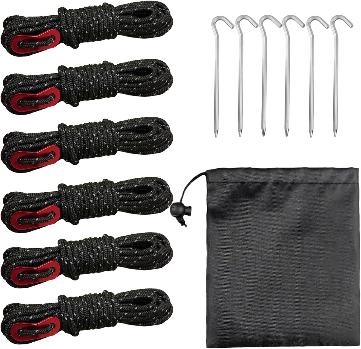 tentelijnen set, 6 stuks 4mm tentelijnen met spanners (4m per rol) en 6 stuks tenteringen, winddichte lijnen voor camping, caravan, tent, outdoor en wandelaccessoires (Zwart)