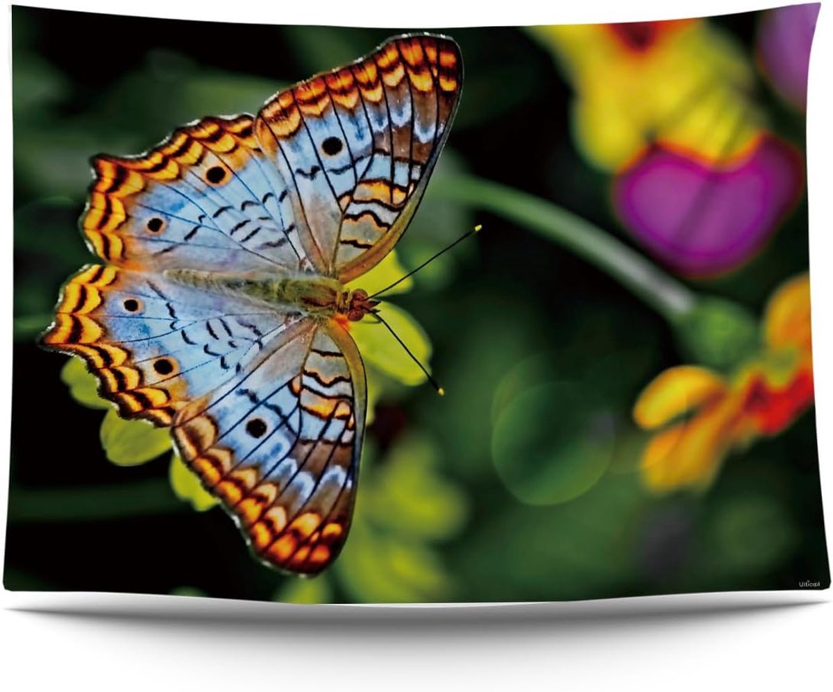 Wandtapijt, vlinder, bloemen, natuur, wandtapijt poster; 200 x 150 cm, tuinposter, groot wandtapijt, decoratief accessoire voor tuin en woonkamer