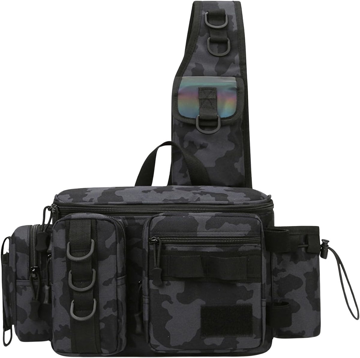 Sling Visseitasch, Visuitrustingstas, Visseitasch met Hengelhouder Waterdicht, Visgereedschapstas Schoudertas Borsttas, Crossbody Tas voor Vissen Camping Outdoor, Zwarte camouflage., ca. 42 x
