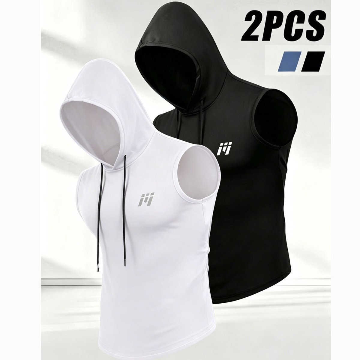 MEETYOO Heren workout tanktops met capuchon (2-pack) mouwloze gym hoodies bodybuilding muscle cut-off T-shirt-Zwart/Wit-XXL
