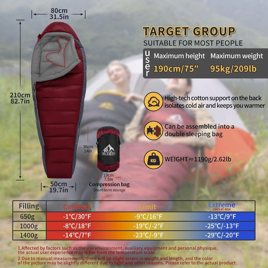 Donsslaapzak volwassenen - Compacte slaapzak - Kamperen en wandelen - Ultralicht donsvulling - 210 x 80 cm - Rood — afbeelding 5