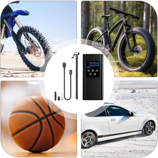 Elektrische Fietspomp - Luchtcompressor - Bandenpomp - Ballenpomp -Compressor Bandenpomp - Draagbare Luchtcompressor - 6000 mAh - Elektrische Fietspomp - Fiets/Auto/Motor/Bal/Luchtbed -Zwart van Merkloos — afbeelding 4