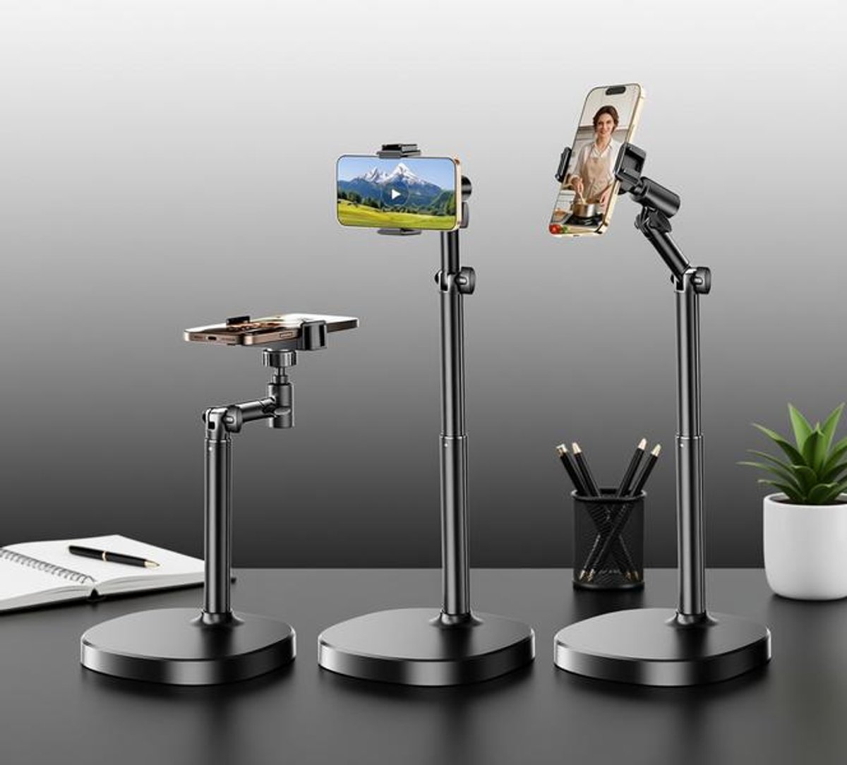 Huis Geluk Telefoonstandaard voor Bureau - Verstelbaar 22-43 cm, Universeel voor iPhone/Samsung/Google, 360° Draaibaar, Hands-free voor Videogesprekken, Koken en Kantoor