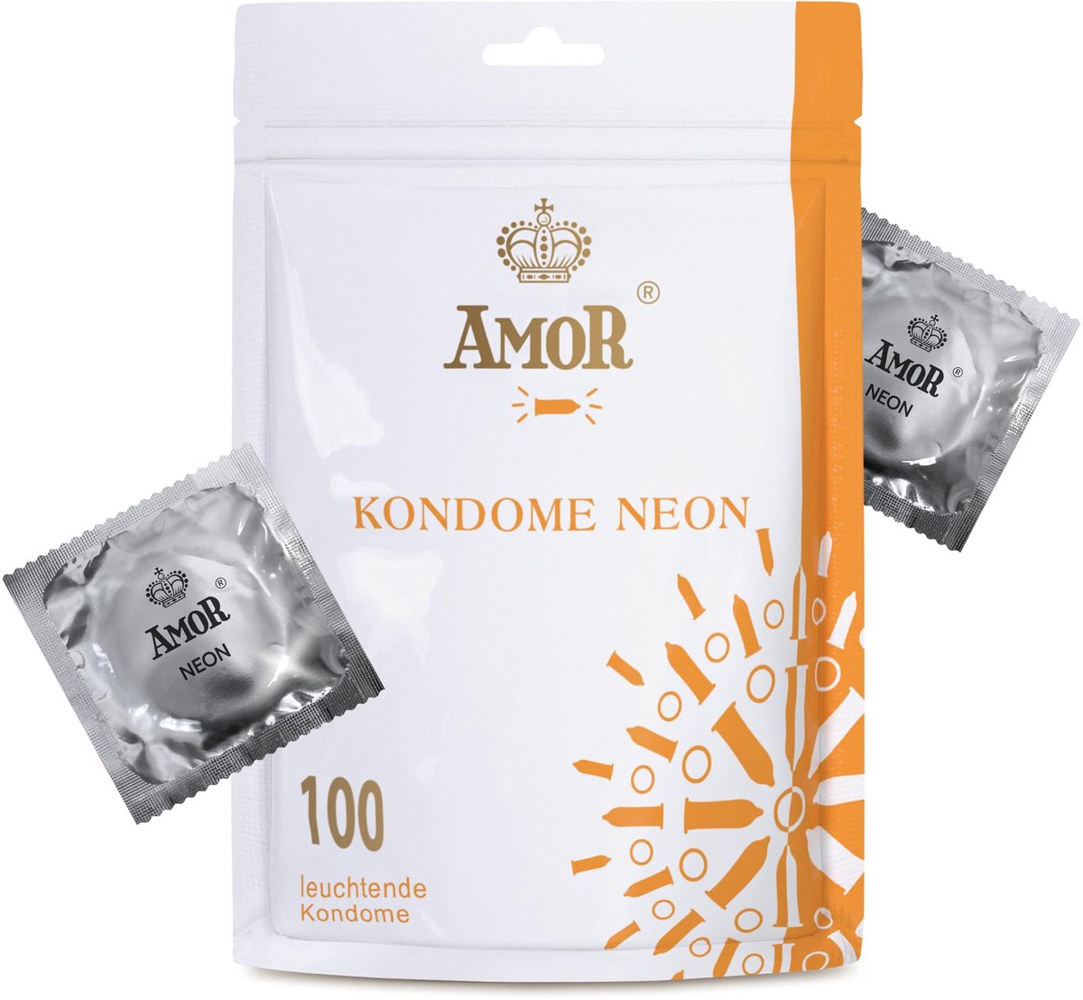 AMOR Premium Neon Condooms, Met extra dunne of dikke wanddikte lichtgevende condooms Ø 53 mm, 100 stuks