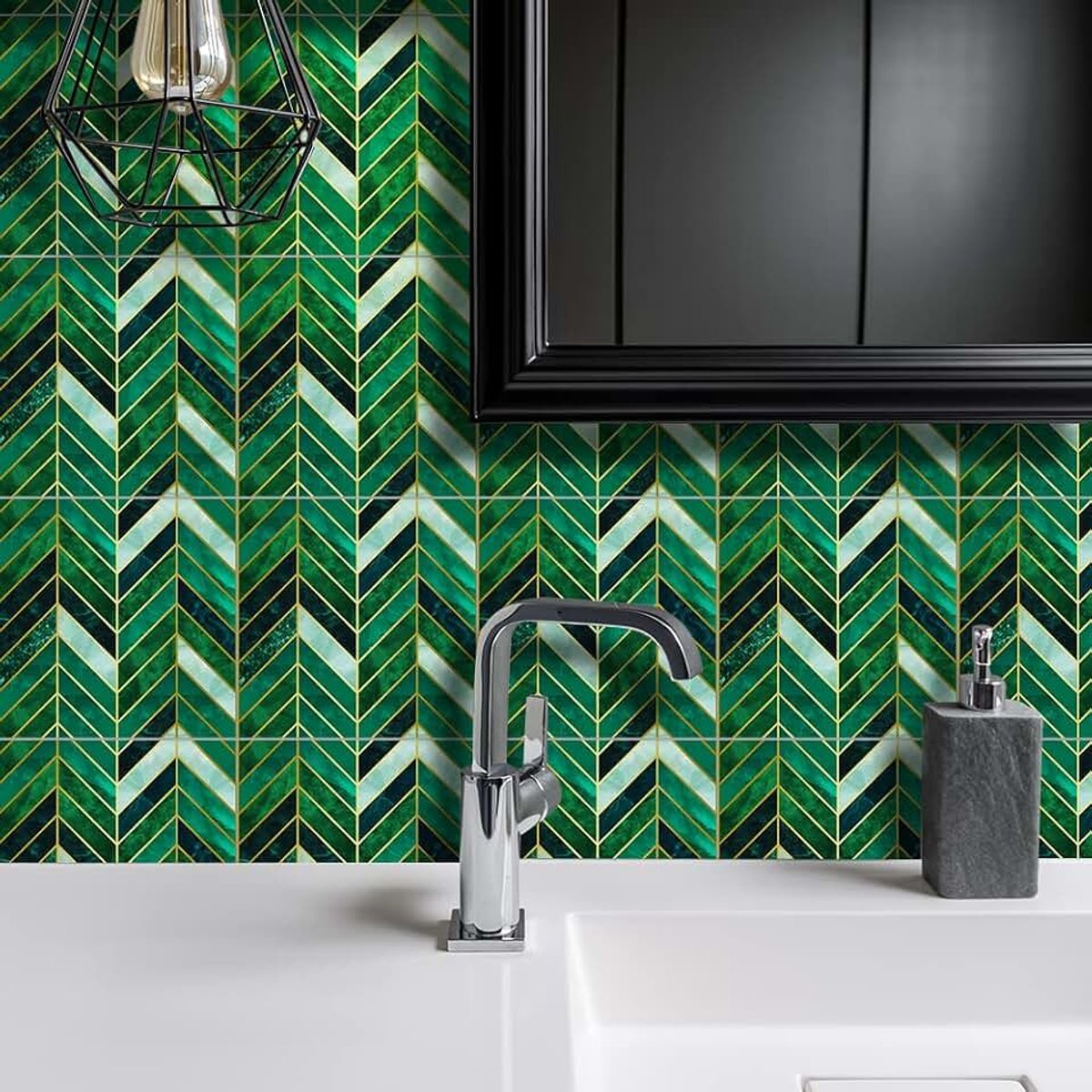 Tegelstickers voor vloer/muur, voor woondecoratie, afpellen en opplakken, zelfklevende spatbescherming, tegelstickers voor woonkamer, keuken, badkamer, 15 x 15 cm x 10 stuks, groen verguld