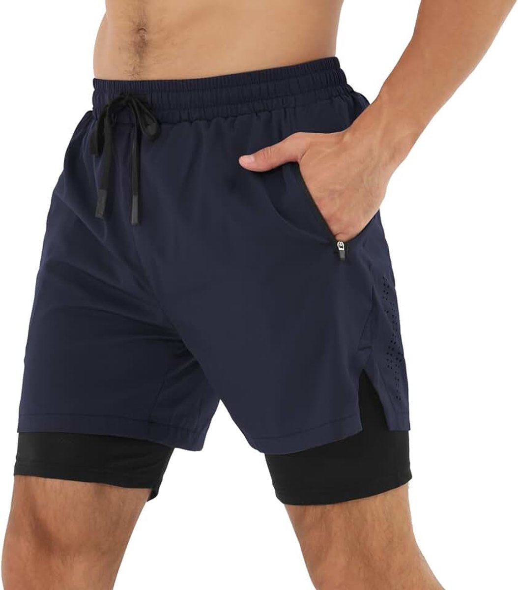 Cortos Hombre Deporte Pantalon Cortos 2 en 1 Secado Snelheid voor Running Fitness Gym
