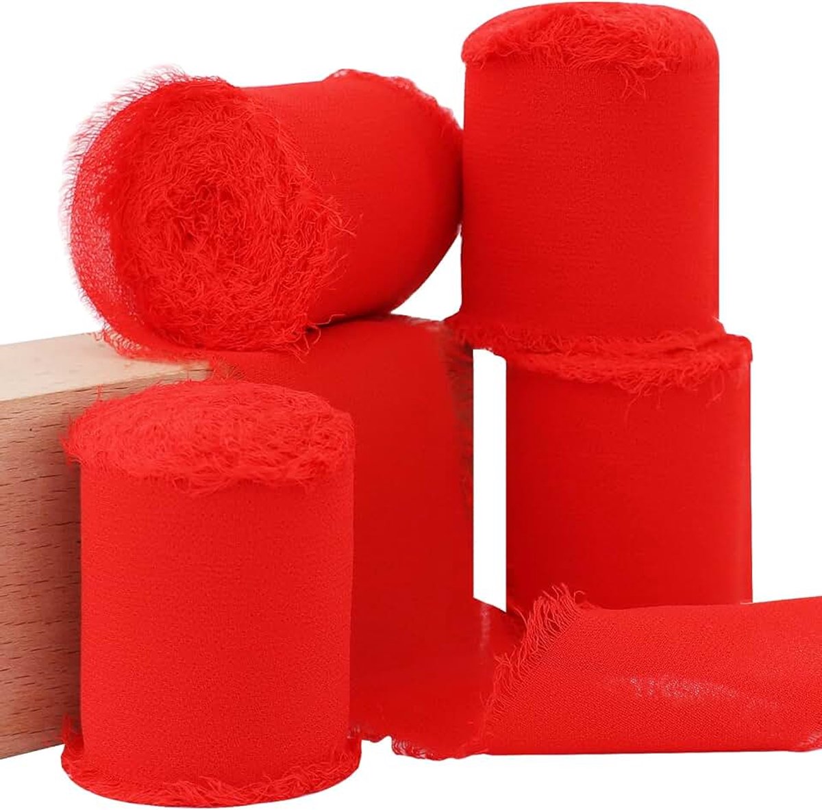 4 rollen zijden chiffon lint, 1-1/2 inch x 22 yds, rode handgemaakte franje linten met verbrande randen voor geschenkverpakking, bruidsboeketten, bruilofts uitnodigingen en decoratie
