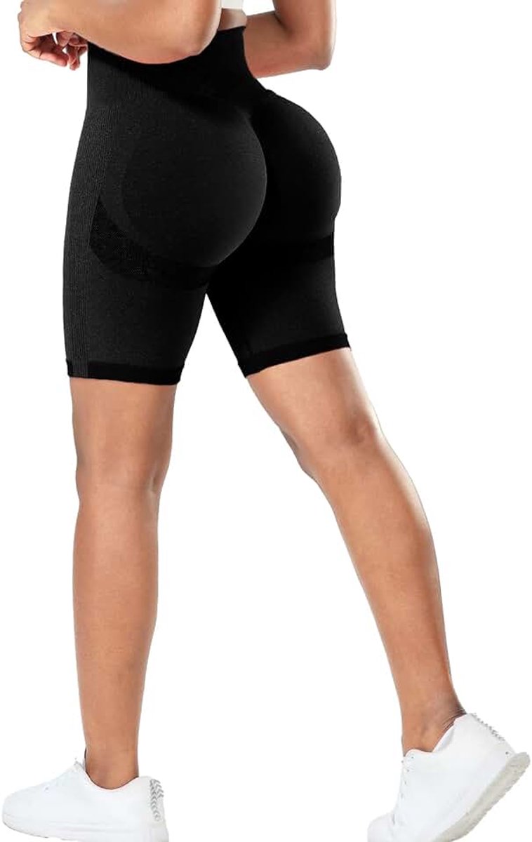 Korte dameslegging, push-up, booty, sportshort, hoge taille, naadloos, scrunch butt, sportlegging voor gym, fitness, workout, yoga, N01 (kort) - Zwart, M