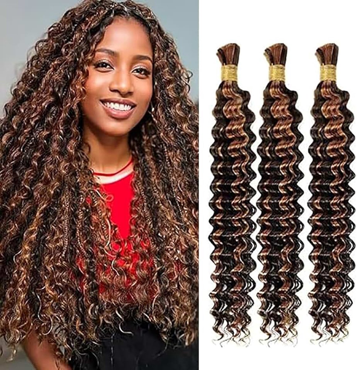 Wave Human Braiding Hair for Boho Braids P430 Highlight Brown Color Human Hair Extensions No Weft Weave 50g/Piece for Women Low Shedding 12 12 12 Inch