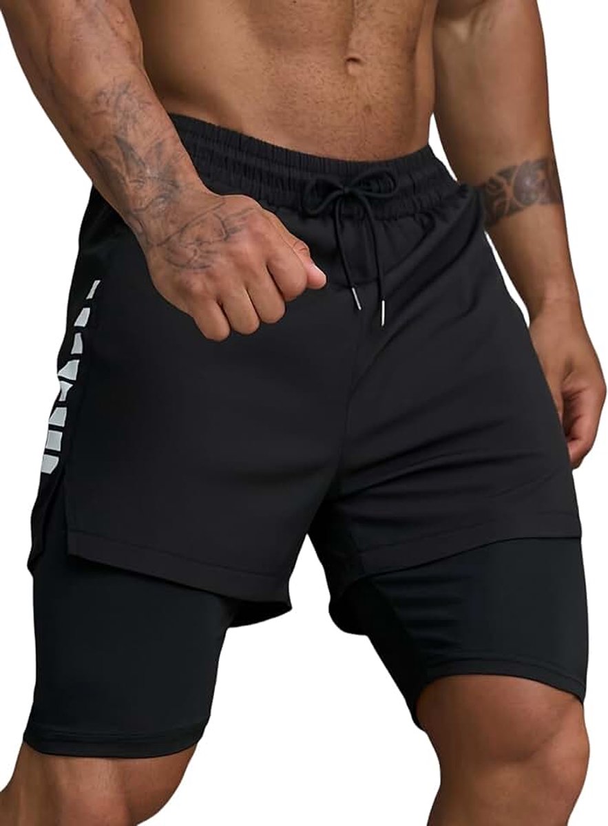 Shorts voor heren, kort, 2-in-1 shorts, hardloopshorts voor heren, sneldrogende sportbroek met zakken, ademende trainingsshorts