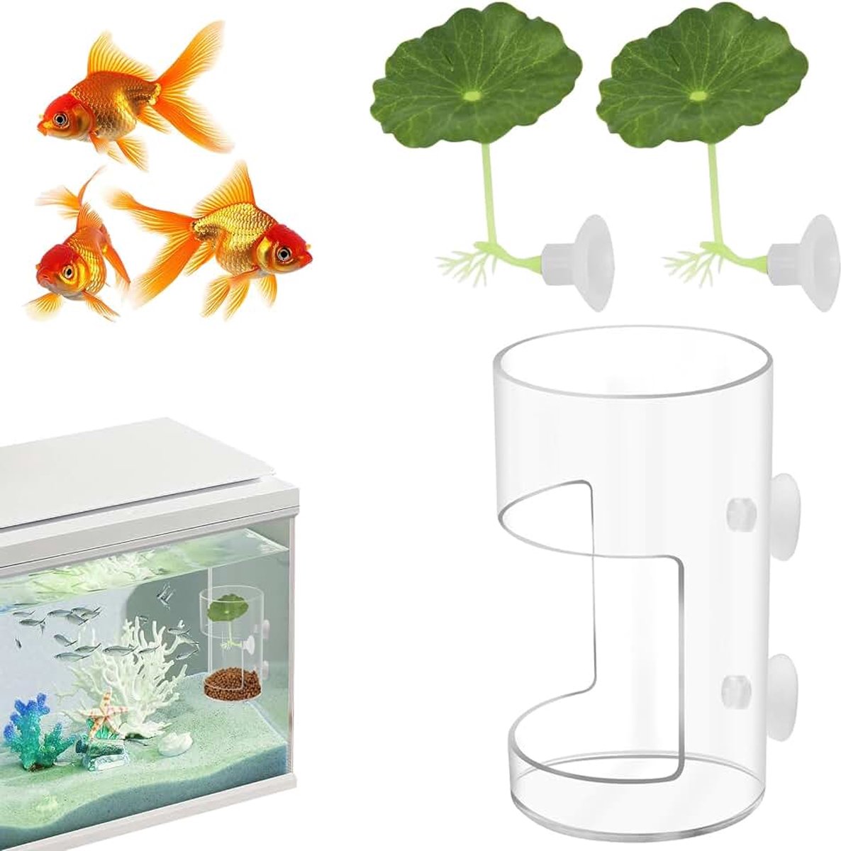 Voerbak voor aquarium met zuignappen, inclusief twee enkellaagse kleine lotusbladeren, voederbuisbenodigdheden, kweekdoos voor aquarium, ronde aquaria en accessoires voor vissenkommen