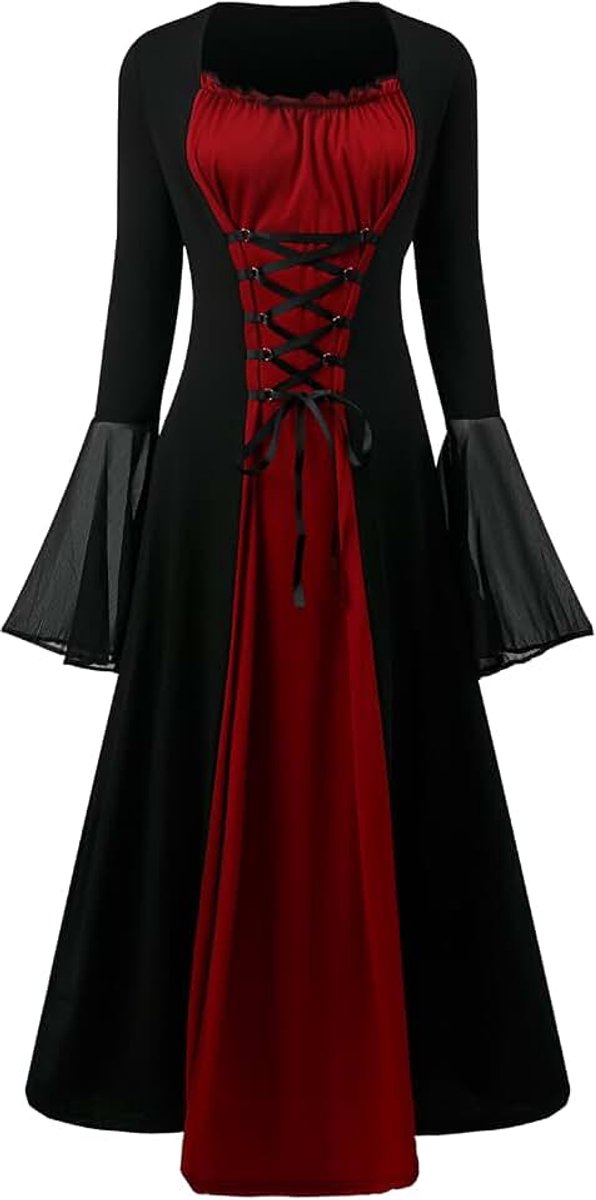 Jurk dames vintage zwarte middeleeuwse jurk met trompetmouwen gebonden taille jurk Halloween carnaval kostuum voor vrouwen
