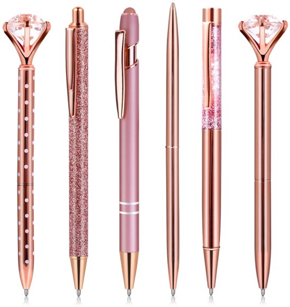 6-delige roségouden balpenset met glitterpennen en diamanten kristallen - zwart inktpennen set voor kantoor, school en huwelijkscadeaus