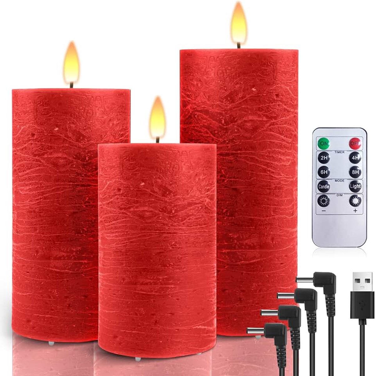 Oplaadbaar, USB, echte was, set van 3, met timerfunctie, kaarsen, flikkerende vlam, adventskrans, led-stompkaarsen, outdoor, voor Halloween, Kerstmis, decoratie, rood