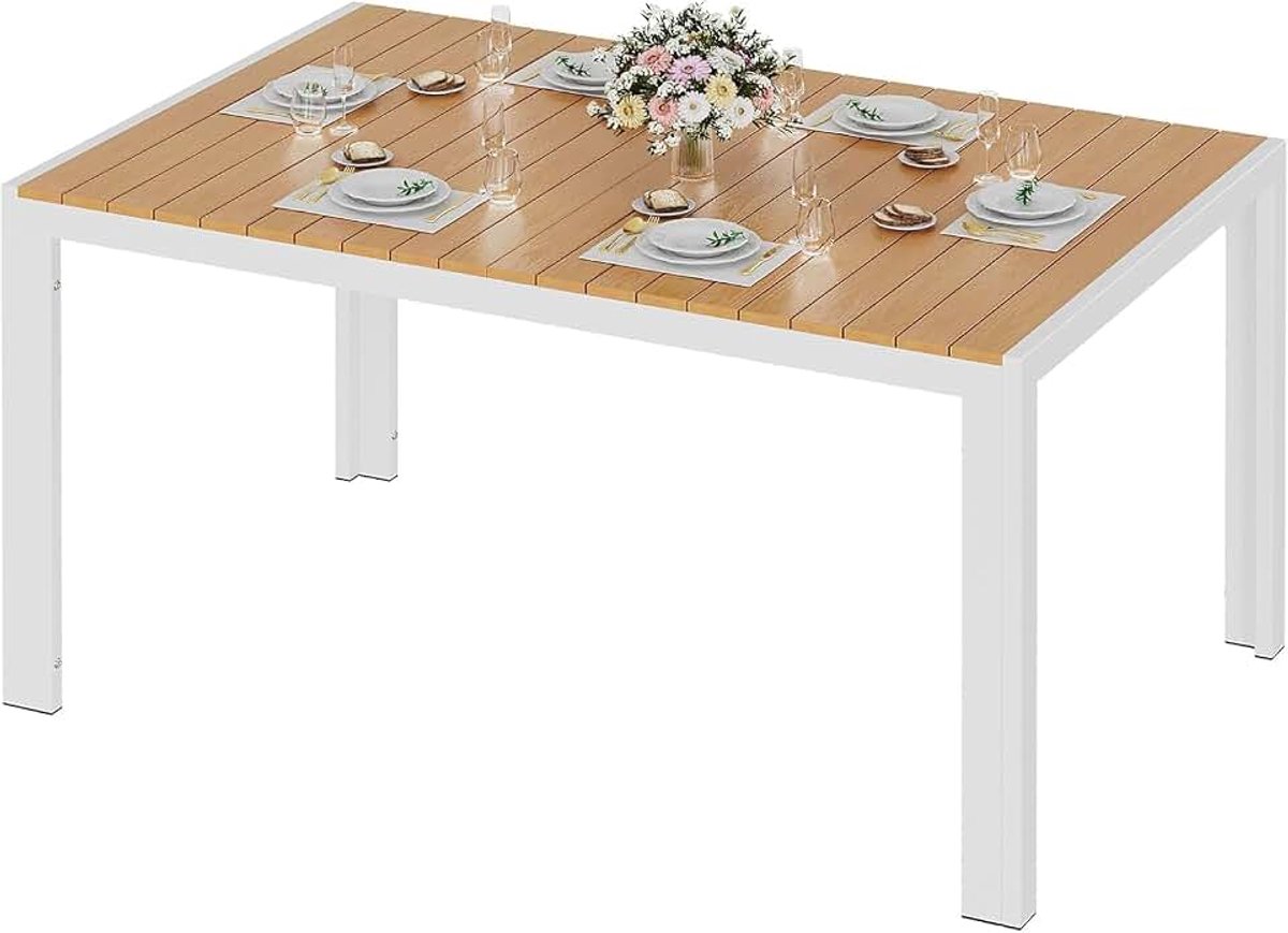 Grote weerbestendige tuintafel, 140 x 90 x 75 cm, aluminium terrastafel met WPC-blad, rechthoekige eettafel voor 6 personen, stabiel voor tuin