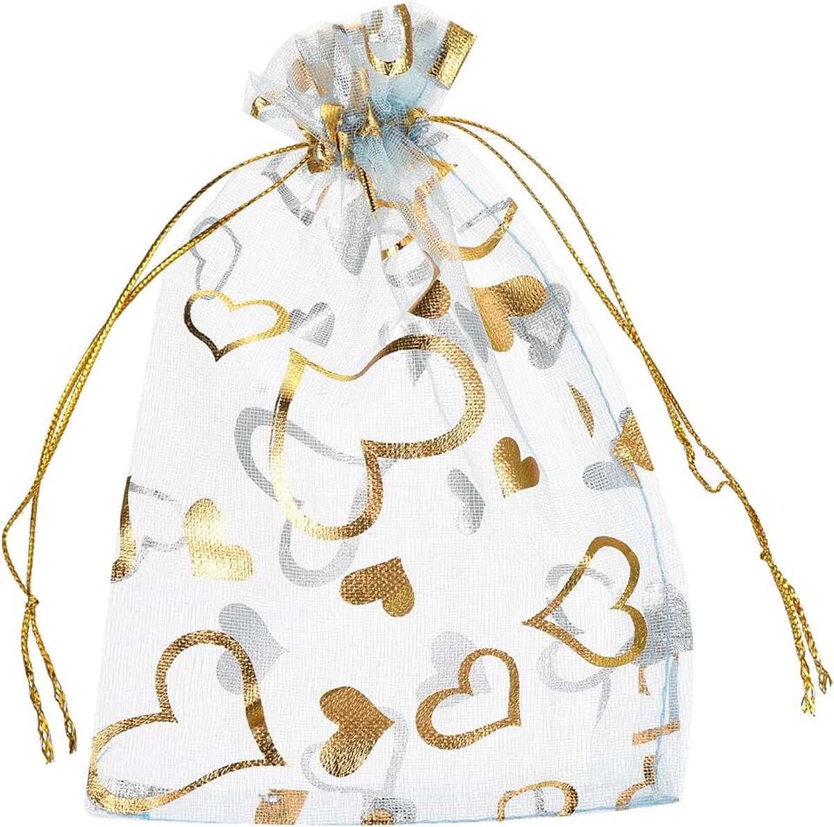 Organzazakjes, 50 stuks, 10 x 15 cm, cadeauzakjes, sieradenzakjes, hartpatroon, gaaszakjes met trekkoord, organzazakjes voor bruiloft, feest, Kerstmis, snoep, lichtblauw-goud
