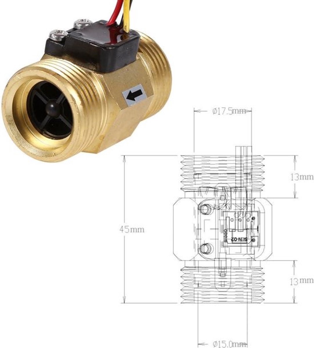 Waterdebietsensor 3/4 inch Koperen Vloeistofmeter 2-45 L/min - Boilers en Waterautomaten - Hoge Kwaliteit en Betrouwbaar