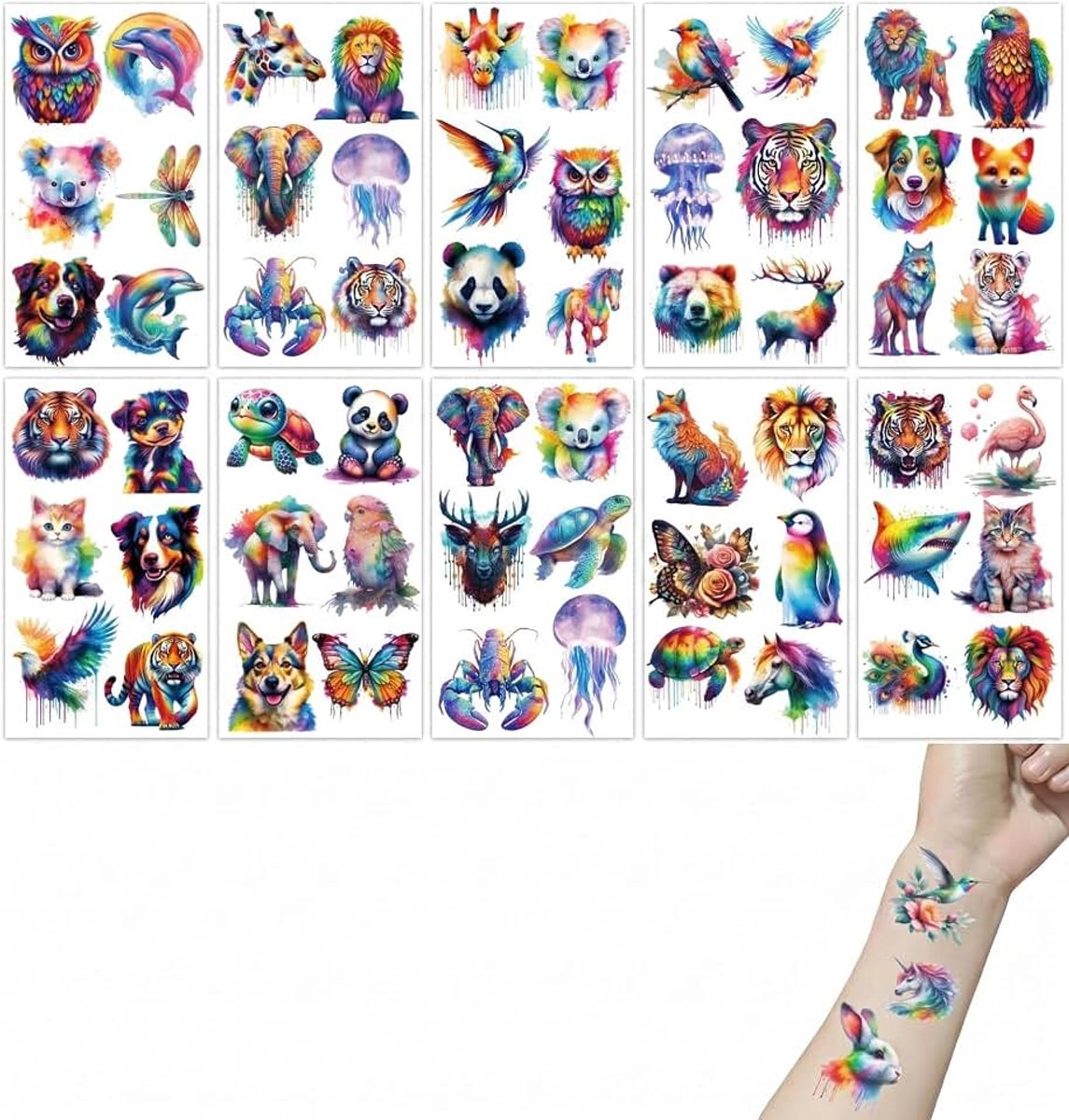 Tijdelijke tatoeages voor kinderen, 10 vellen dierenaquarel, huidvriendelijk, niet giftig, kinderverjaardag, feestdecoratie voor meisjes en jongens