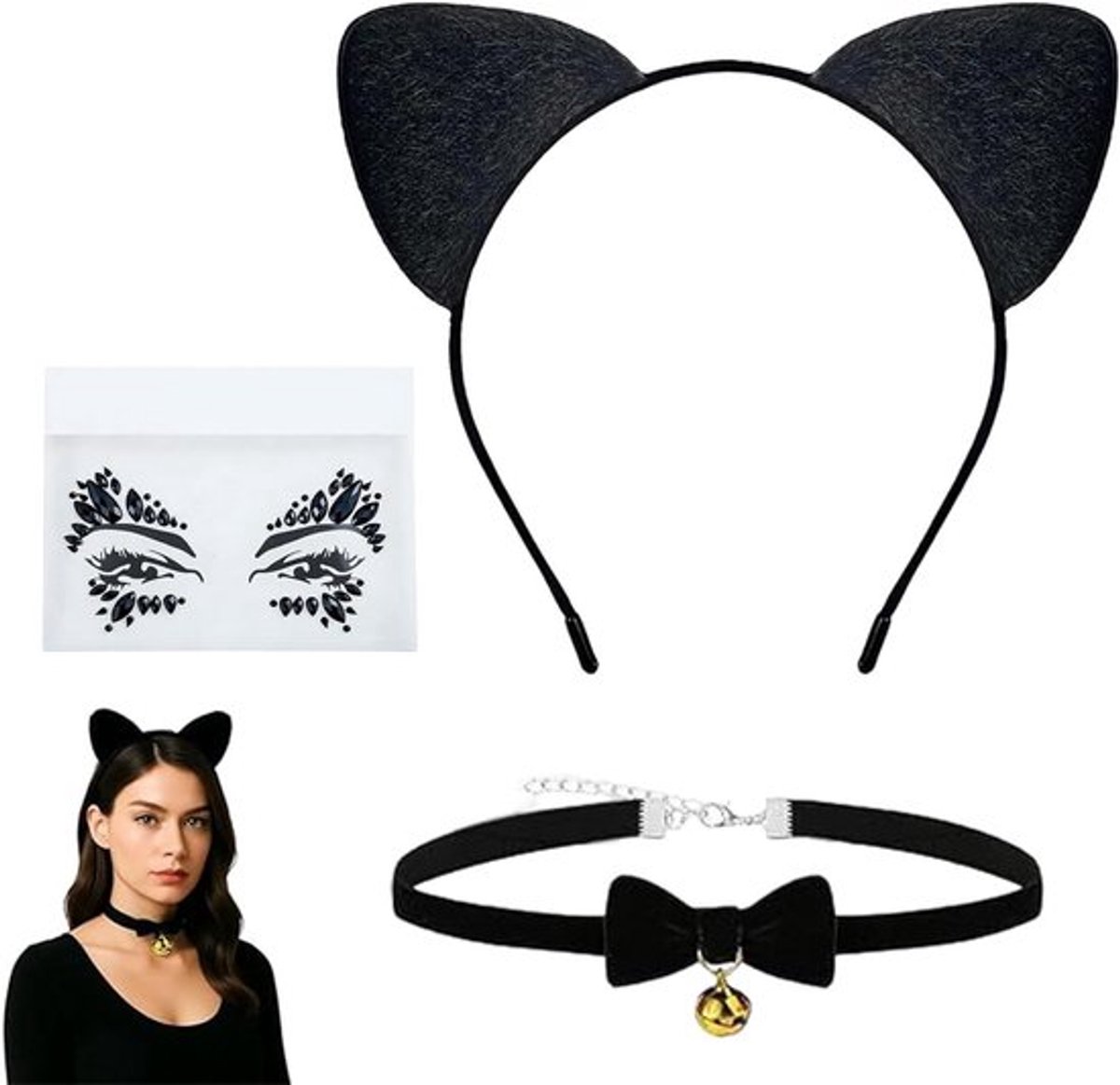 Kostuum accessoireset voor dames en meisjes, zwarte katten cosplay set met kattenoren en strik halsband, inclusief gezichtssticker