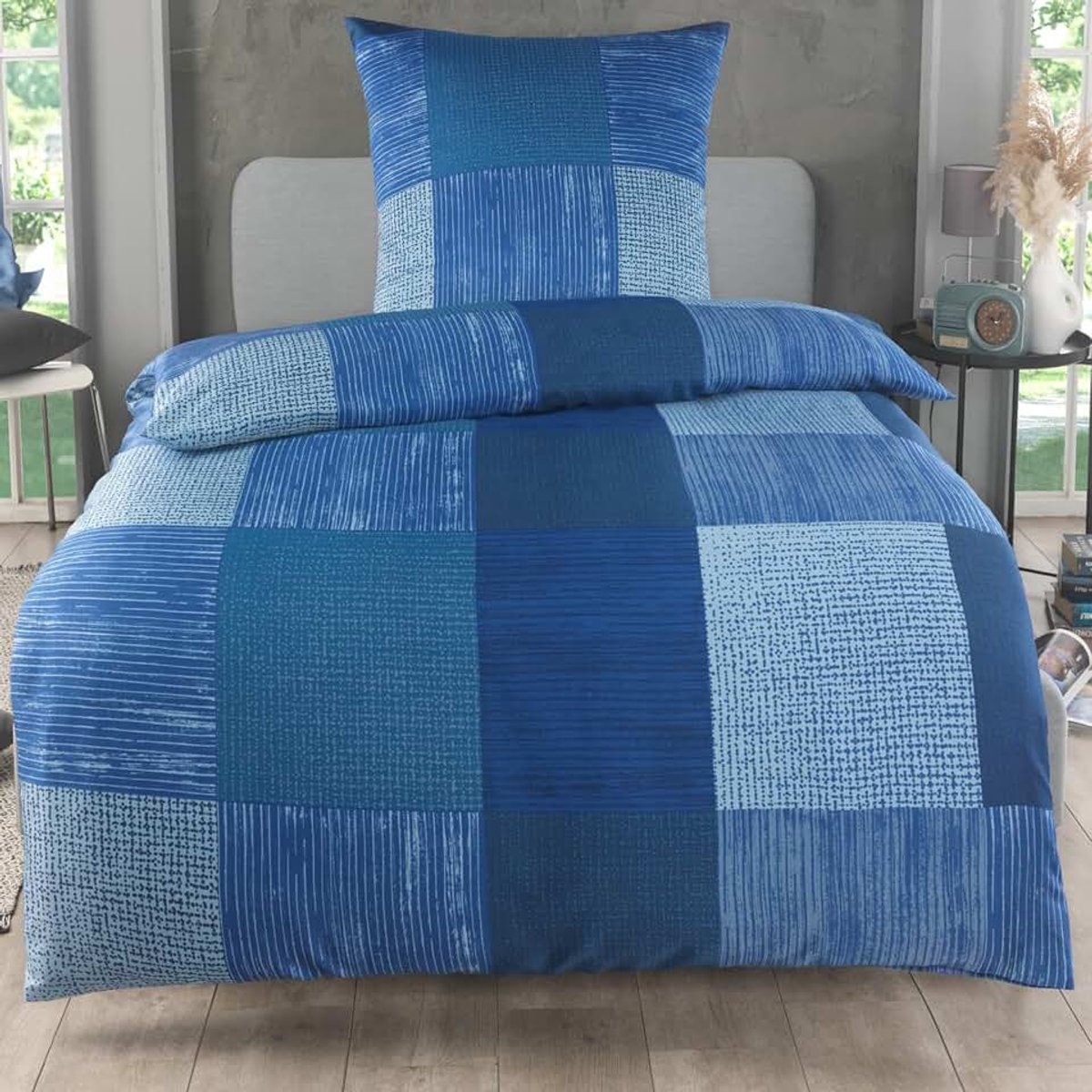 Beddengoed 135x200 2-delig - microvezel dekbedovertrek 135x200 cm + kussensloop 80x80 cm - ademende stof met ritssluiting - voor eenpersoonsbed - modern ruitenpatroon blauw