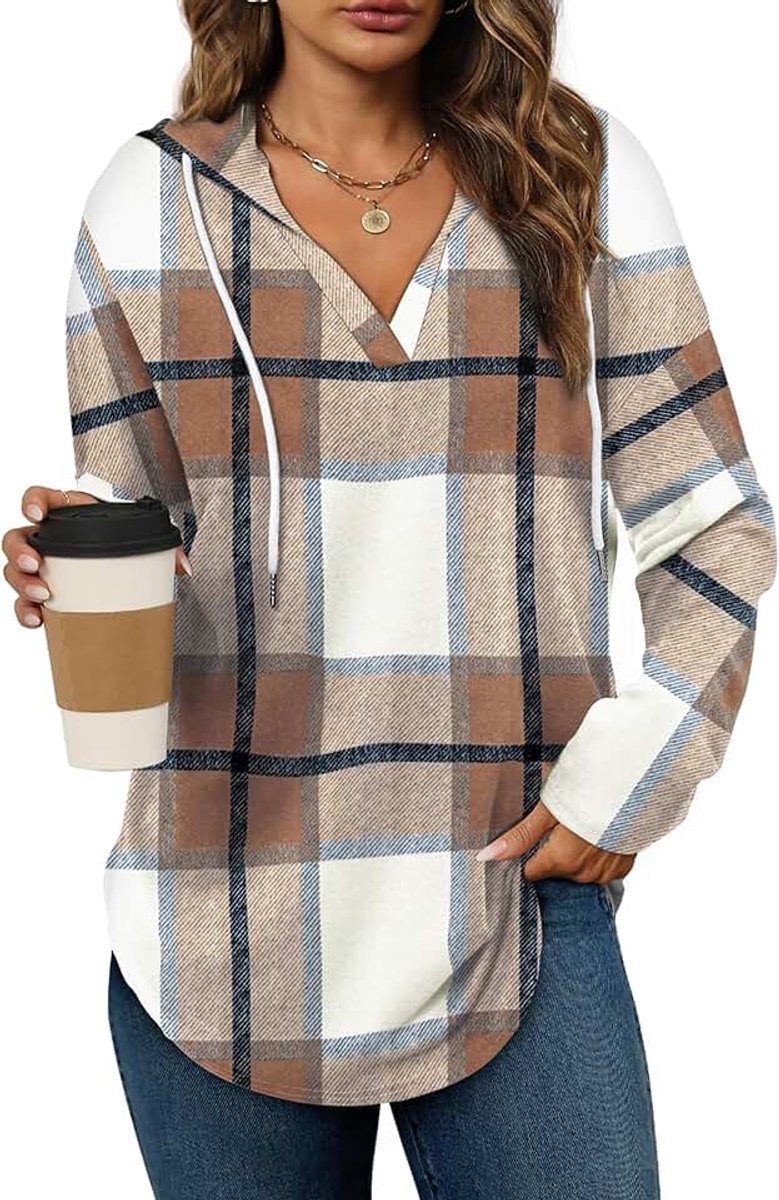 Hoodie Dames V-hals Sweatshirt met Trekkoord Lange Mouw T-shirts Tops Basic Shirt Dames Tees Losse Fit Casual Comfortabel Pullover Bovendeel