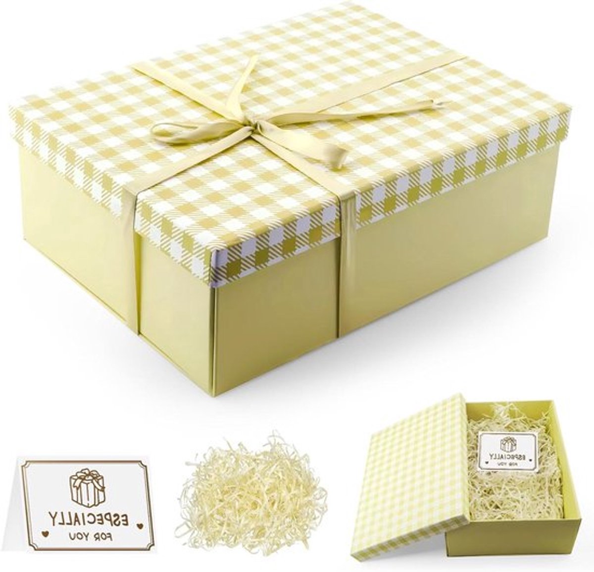 Geschenkdoos met deksel 25 x 18 x 8,5 cm - Wenskaarten Verpakking voor Verjaardagen, Bruiloften, Kerstmis - Raffia en Strikken (Geel)