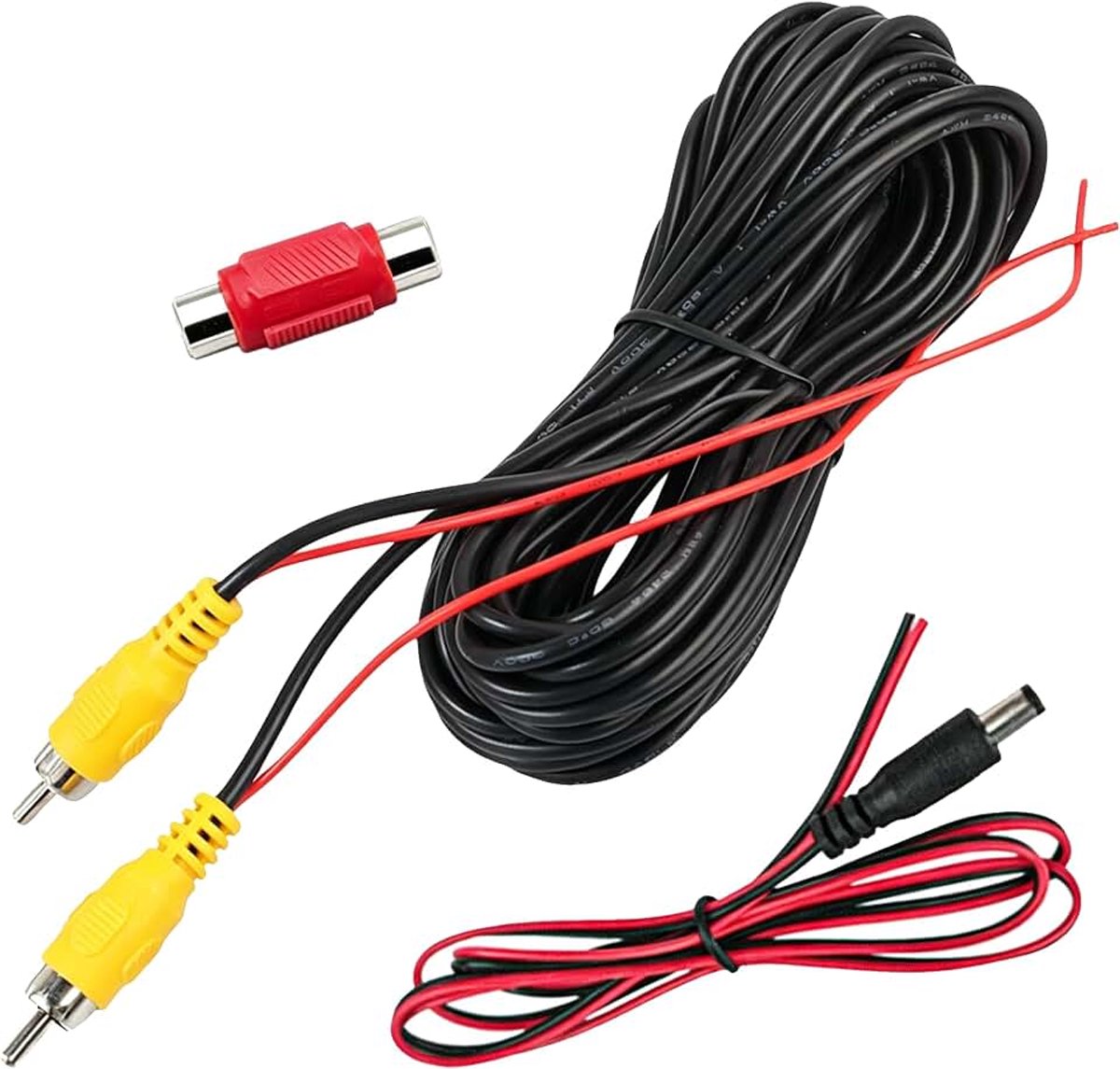 3 stuks RCA-kabel, 6 m videokabel voor achteruitrijcamera, AV-kabel met RCA-stekker, inclusief 1 m voedingskabel DC 5,5 x 2,1 en RCA-aansluiting vrouwelijk naar vrouwelijk
