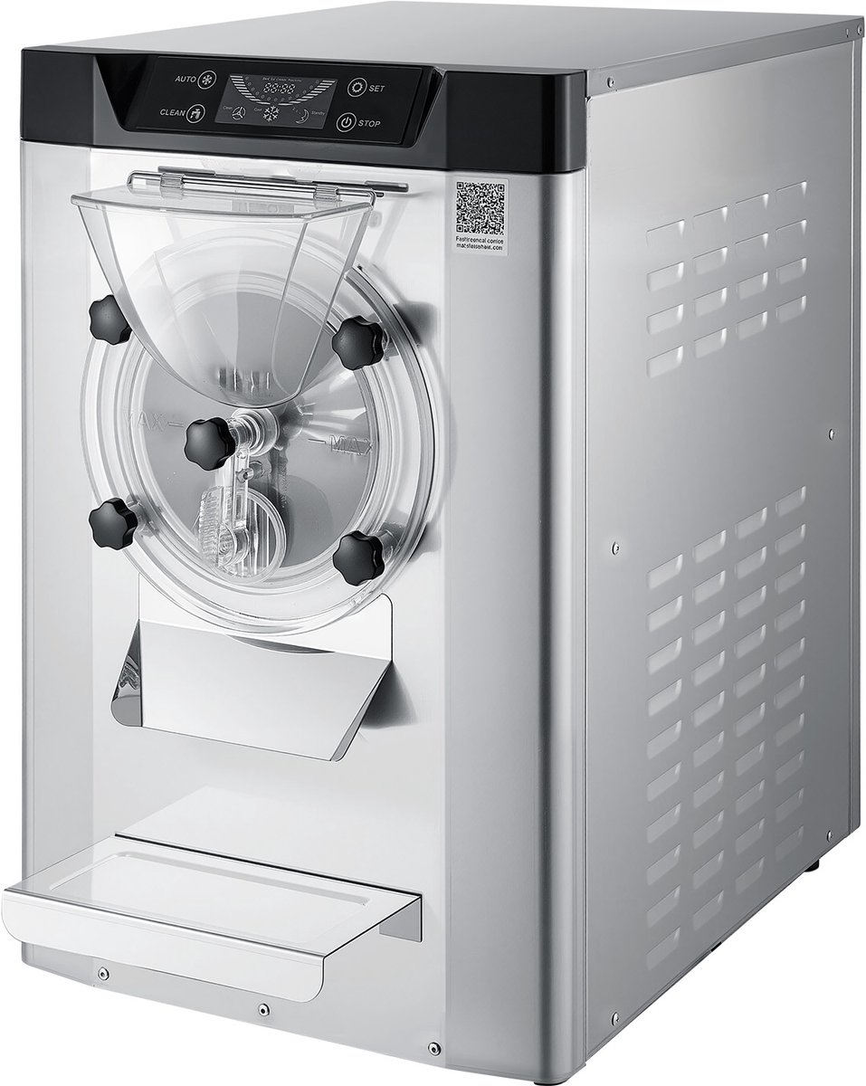 Commerciële Ijsmachine 2000 W 12–20 L/U, Compacte Gelato-Maker met 6 Liter Roestvrijstalen Container (304) en Zelfreinigend Led-Bedieningspaneel voor Snackbars en Restaurants, Zilverkleurig