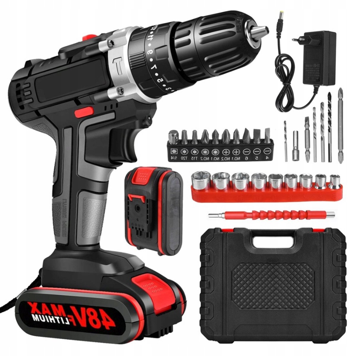 48V Slagboormachine - Accu Klopboor - Elektrische Boormachine - 2 Snelheden - 45Nm - 2 Accu's - 10 mm - 1 uur - Accuboormachines - Voor Huisverbetering en DIY Reparaties - Inclusief Gereedschapskist