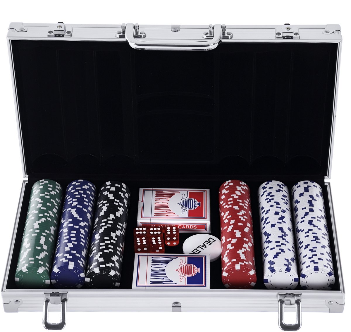 Pokerset - 300 laserchips-2 pakjes speelkaarten + 2 aluminium sleutelsinclusief aluminium koffer - complete set (zilver)