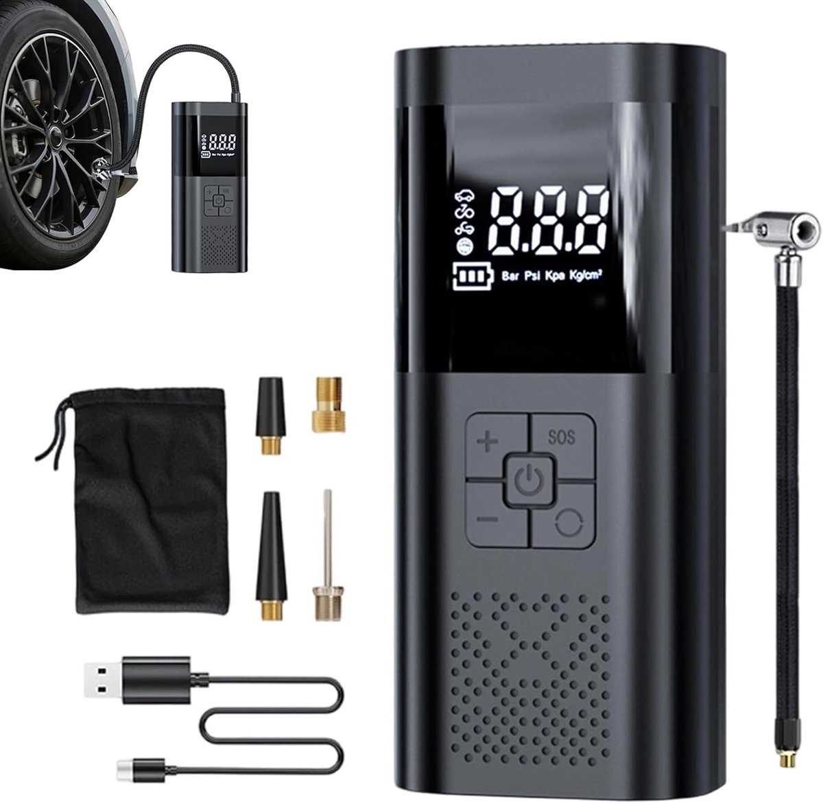 Draadloze draagbare luchtcompressor voor autobanden - digitale drukmeter - automatische uitschakeling - USB‑C opladen, LED‑verlichting - bandenpomp geschikt voor auto, motor, fiets en ballen