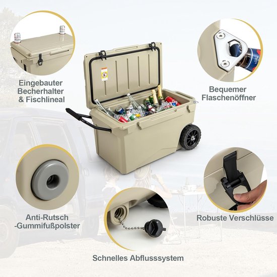 Koelbox op wielen - Thermobox draagbaar - Outdoor evenementen - 7 dagen koel - 71 liter inhoud - Kaki van Koelbox. — afbeelding 2