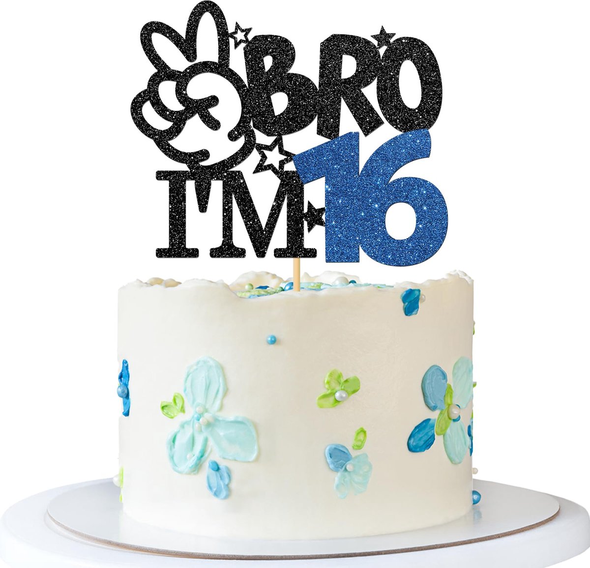 Taarttopper Bro Ik ben 16 - Zwart Blauw Glitter - Decoratie voor 16e Verjaardag - SnelShoppen