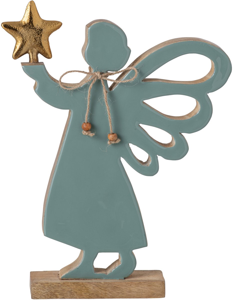 J-Line Engel met ster - mangohout - naturel/turquoise - small