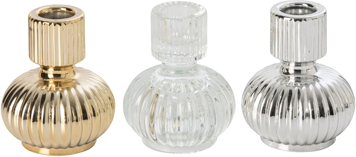 J-Line Kandelaars - glas - goud/zilver - doos van 3
