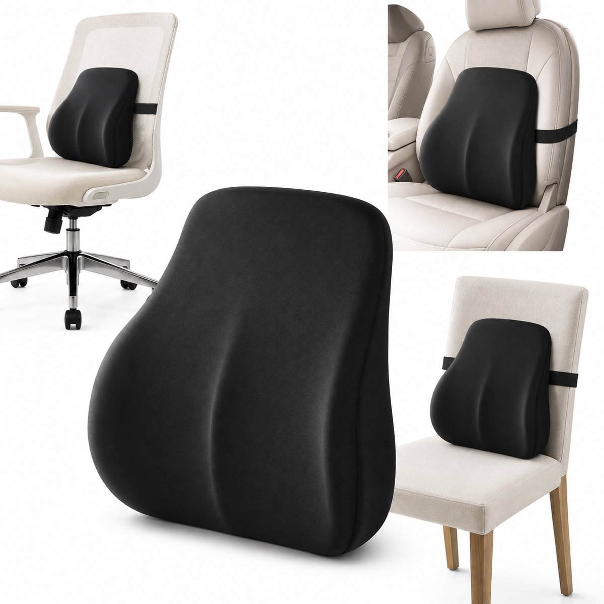 Auto Lendensteun Memory Foam - Ergonomisch Rugkussen en Rugsteun voor Autostoel en Bureaustoel - Zwarte Lendenkussen tegen Rugpijn